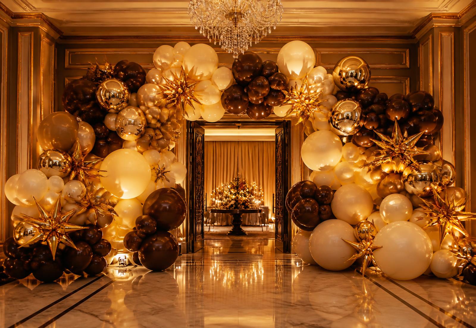 Organic balloon installation in cream, chocolate and gold framing a ballroom entrance
