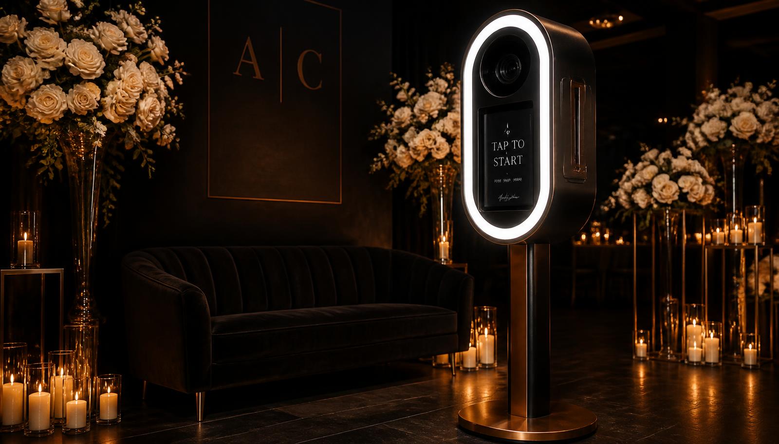 Click & Capture photo booth in a candlelit dark event lounge with floral styling