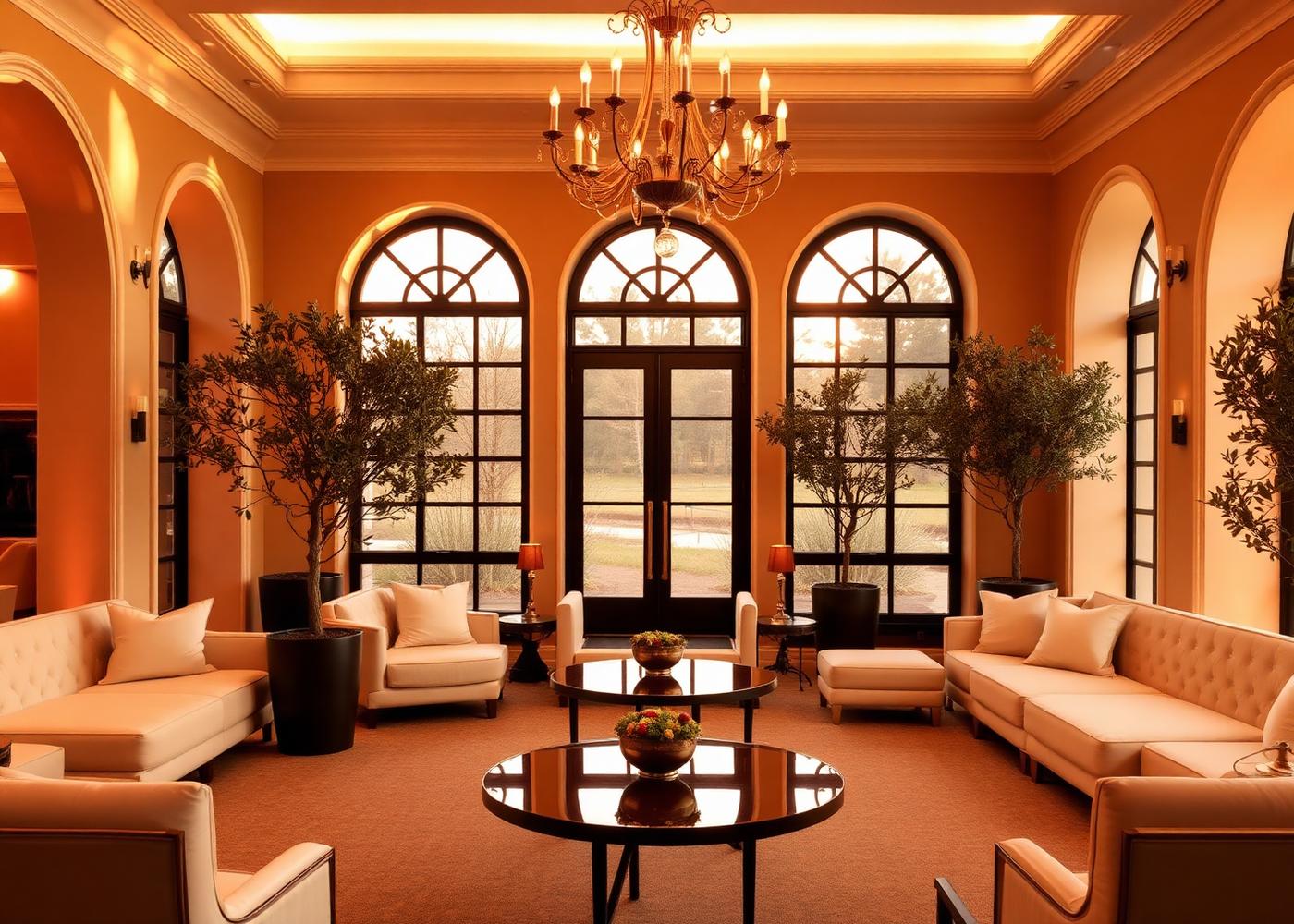 Warm, elegant event space with lounge seating and soft lighting